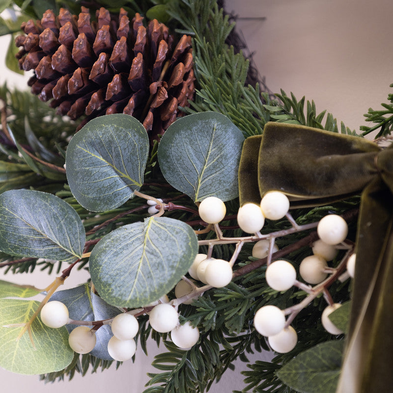 Mistletoe & Pine Cone Wreath with Green Bow 55cm